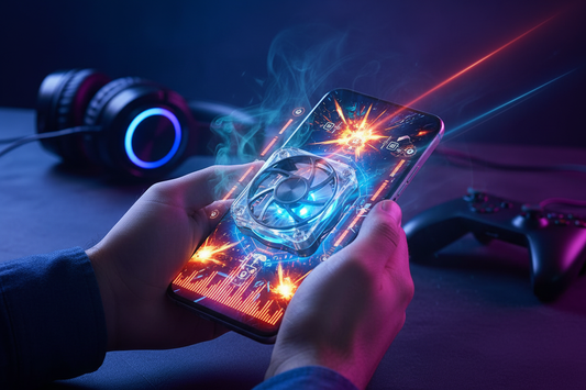 Smartphone with mobile cooling fan attached during gaming session - phone overheating prevention guide for gamers