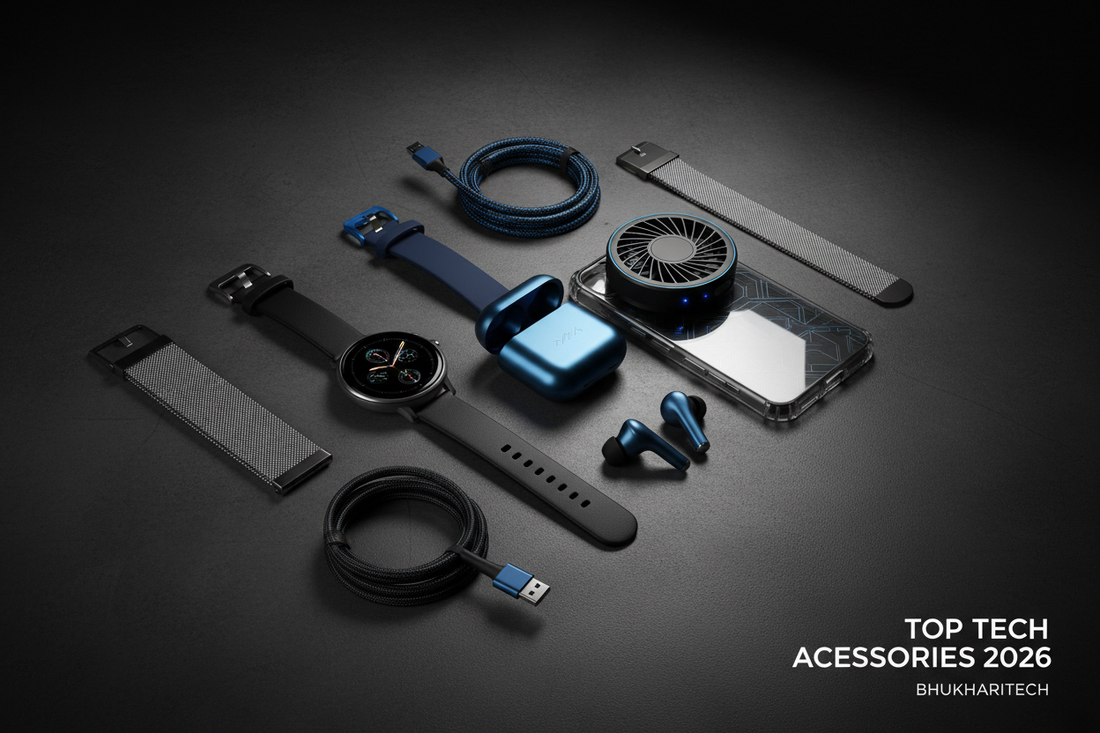 Top 5 must-have tech accessories for 2026 including wireless earbuds, charging stand, and smartwatch accessories