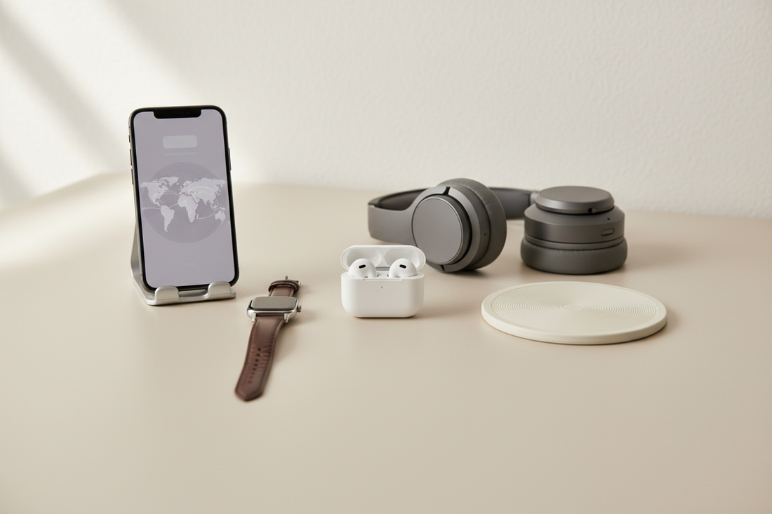 Essential tech accessories for digital nomads including wireless earbuds, smartphone charging stand, smartwatch with premium band, and wireless charging pad on minimalist desk