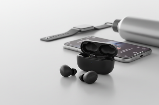 Modern wireless earbuds with charging case on minimalist background - Bluetooth 5.1 TWS earbuds buying guide