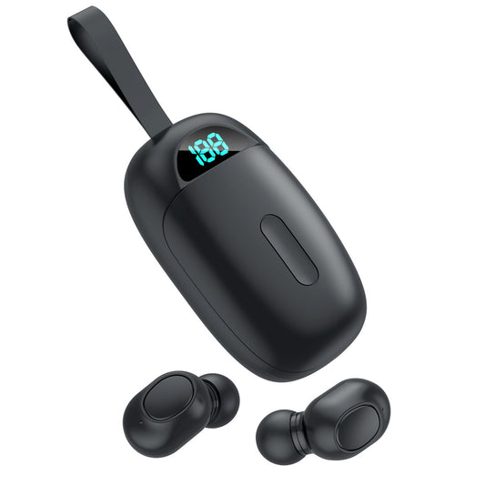 Black wireless earbuds with charging case on a white background