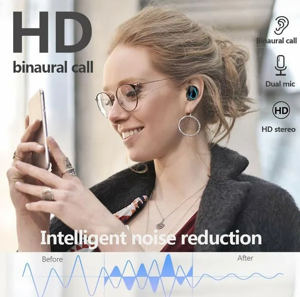 Woman wearing wireless earbuds with text about HD binaural call and intelligent noise reduction.
