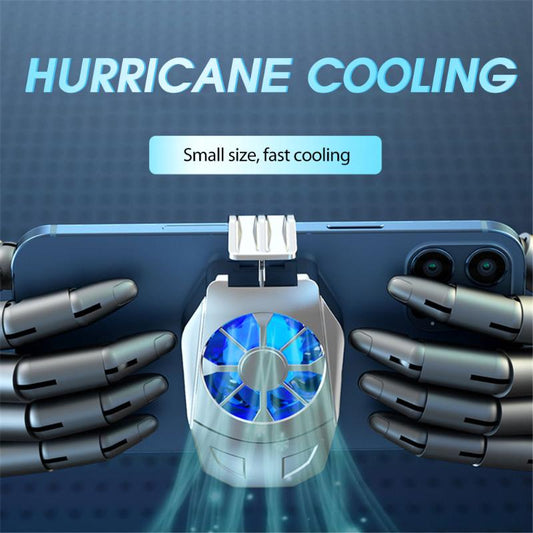 Small cooling device with 'Hurricane Cooling' text and robot hands on a blue background
